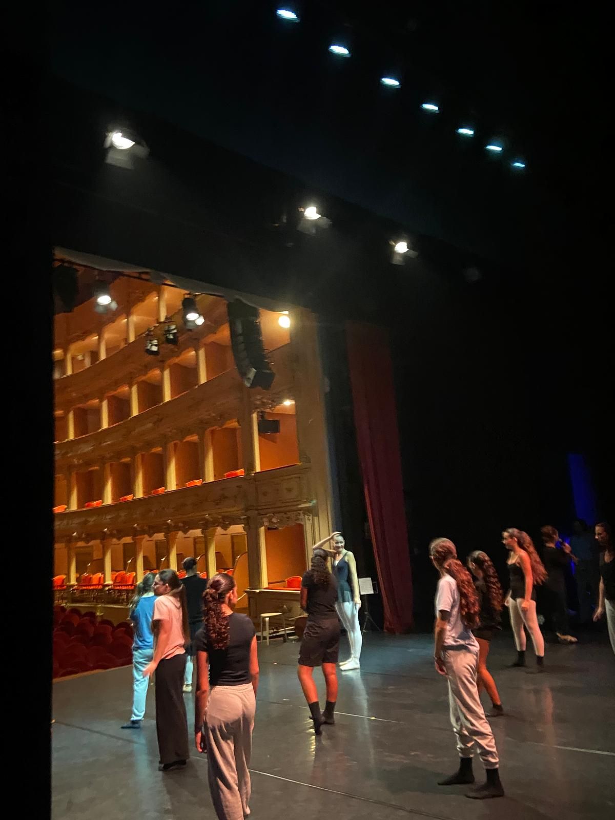 Dancers rehearsing on a theatre stage, with golden balconies and red seats in the auditorium behind them